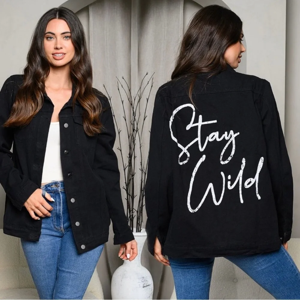Black Denim Jean Jacket w/ Graphic Print "Stay Wild " - Picture 1 of 4